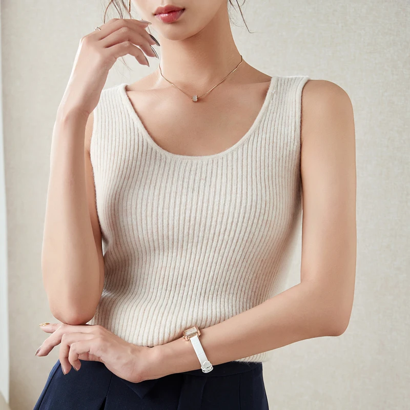 LONGMING Sweater for Women Sleeveless Vests 100% Merino Wool Knitted O-neck Cashmere Pullover Spring Fashion Top Female Clothing