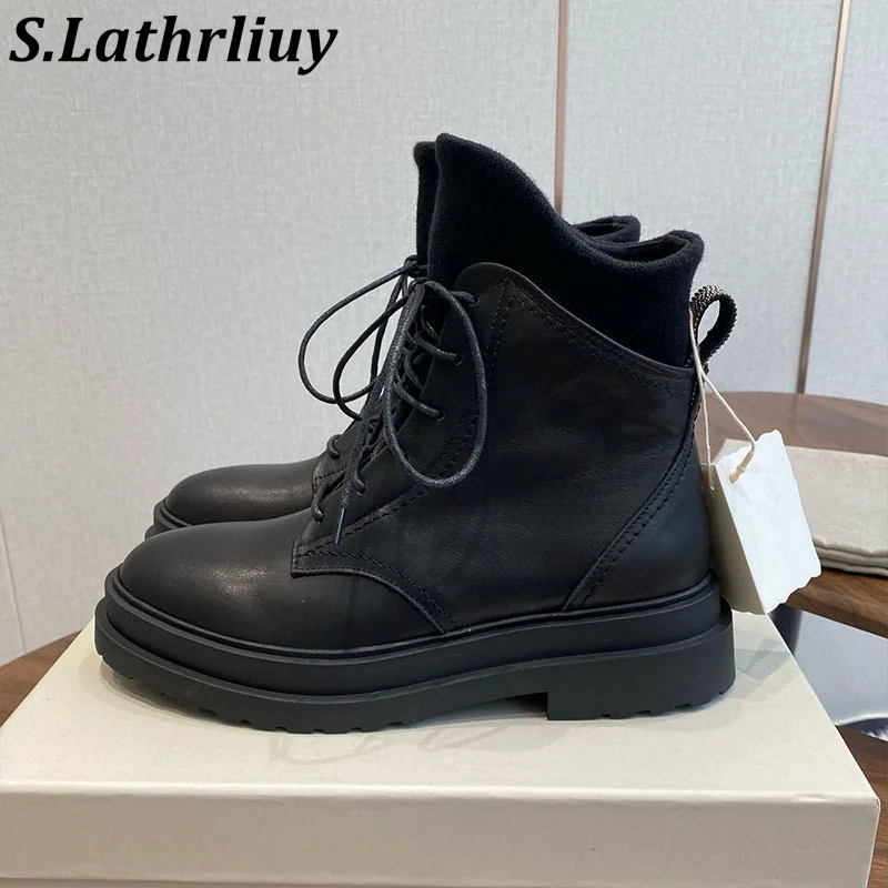 Women Flat Thick Sole Short Boots Real Leather Round Toe Patchwork Lace Up Platform Shoes Ankle Botas Mujer Autumn Riding Boots