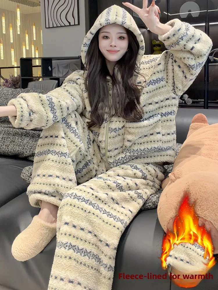 Women's Thiened Fce Autumn Winter Set with Hoodie Jaet And Wide Leg Pants Casual Comfortable Two Piece Ensemble