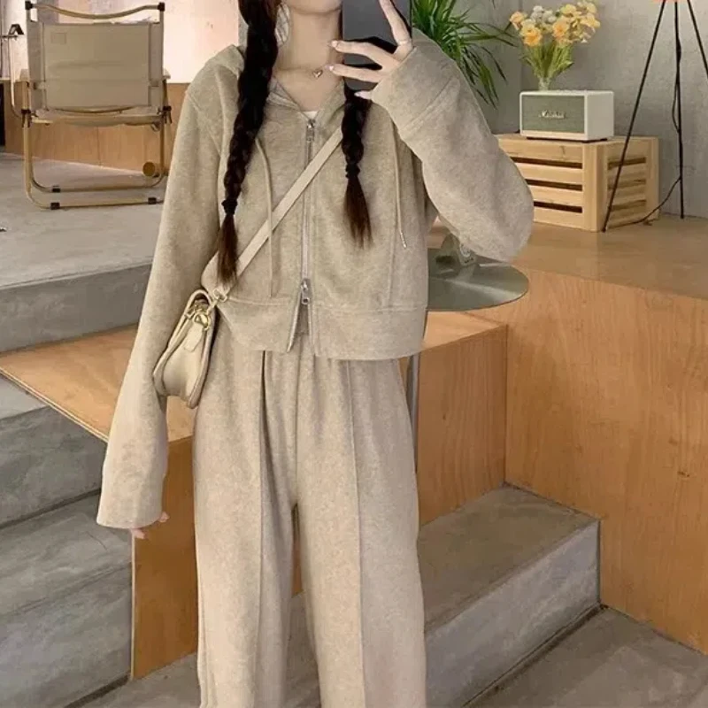 Casual Sports Suit Female Spring Autumn New Pattern Loose Korean Hooded Zipper Hoodies Wide Leg Woman Blouses Coordinates