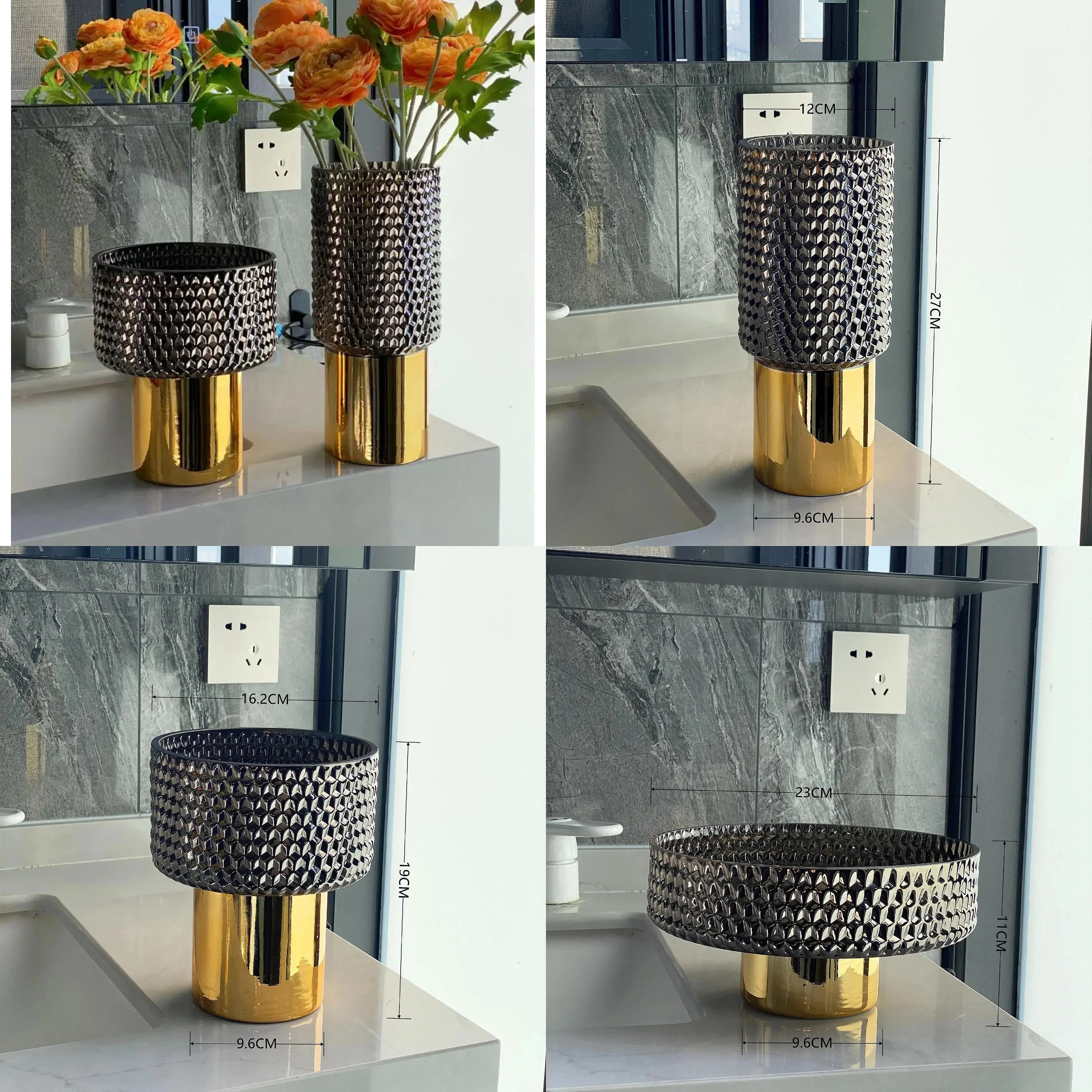 European Electroplating Golden Glass Vase Fruit Plate Flower Arrangement Table Decoration Hydroponic Flower Vase Home Decoration