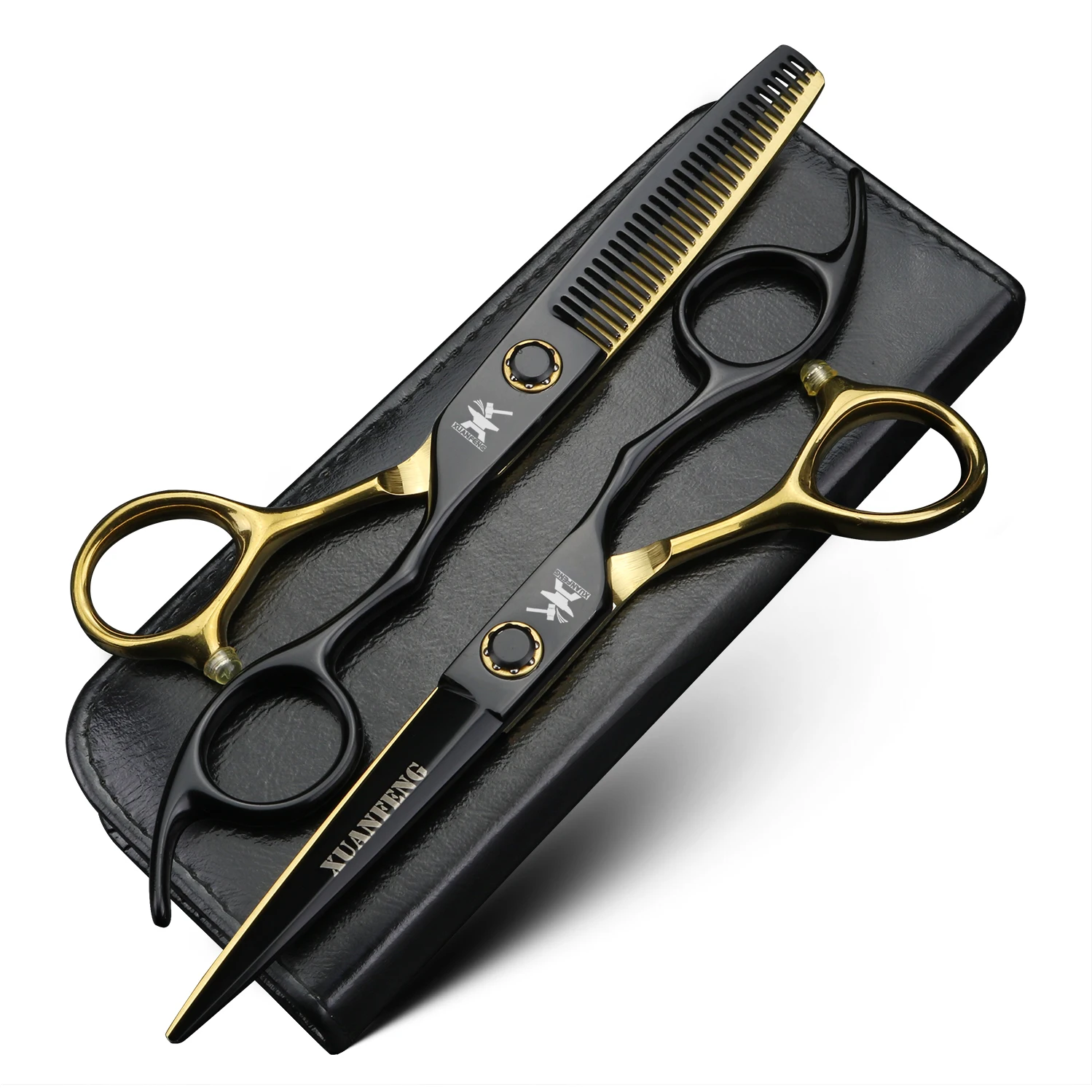 XUANFENG 6 inch bearing screws, black and gold hair scissors, 440C steel hairdresser cutting scissors and thinning scissors