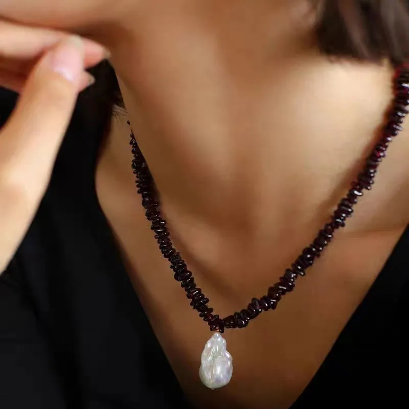 

Jenny&dave Pearl Pendant Necklace Irregular Garnet Necklace Women's Collarbone Chain Jewelry Necklace Necklaces For Women