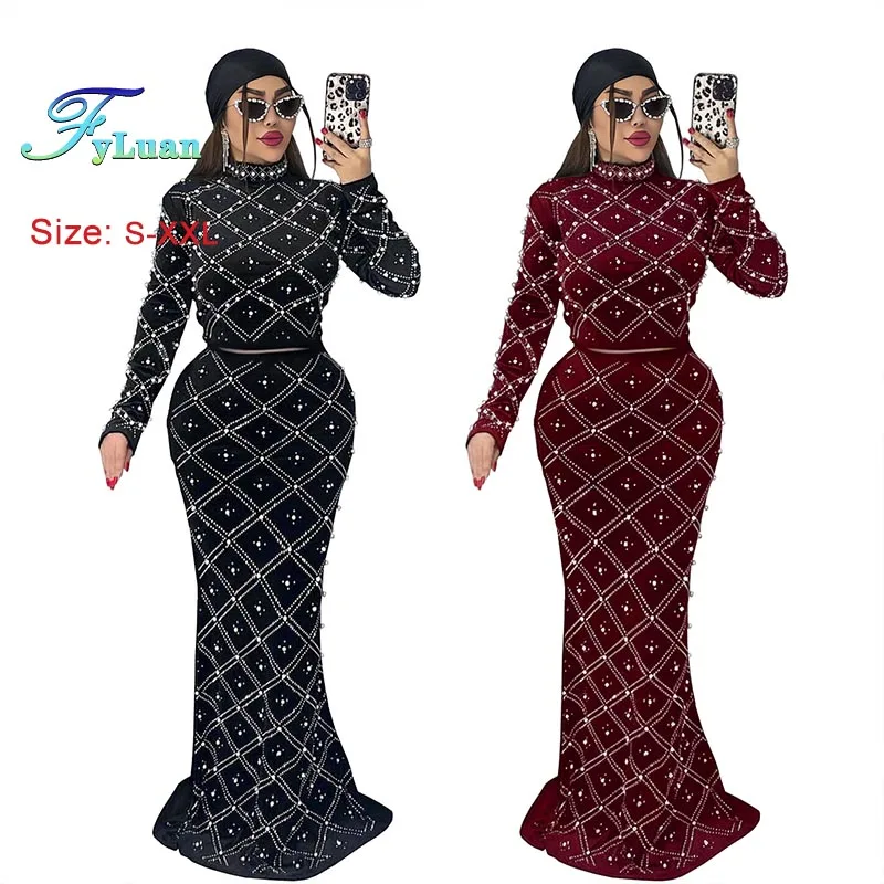

Fashion Long Skirt Sets Elegant Women‘s Clothes Diamonds High Collar Long Sleeve Slimming Long Skirt Two-Piece Sets Party Gowns