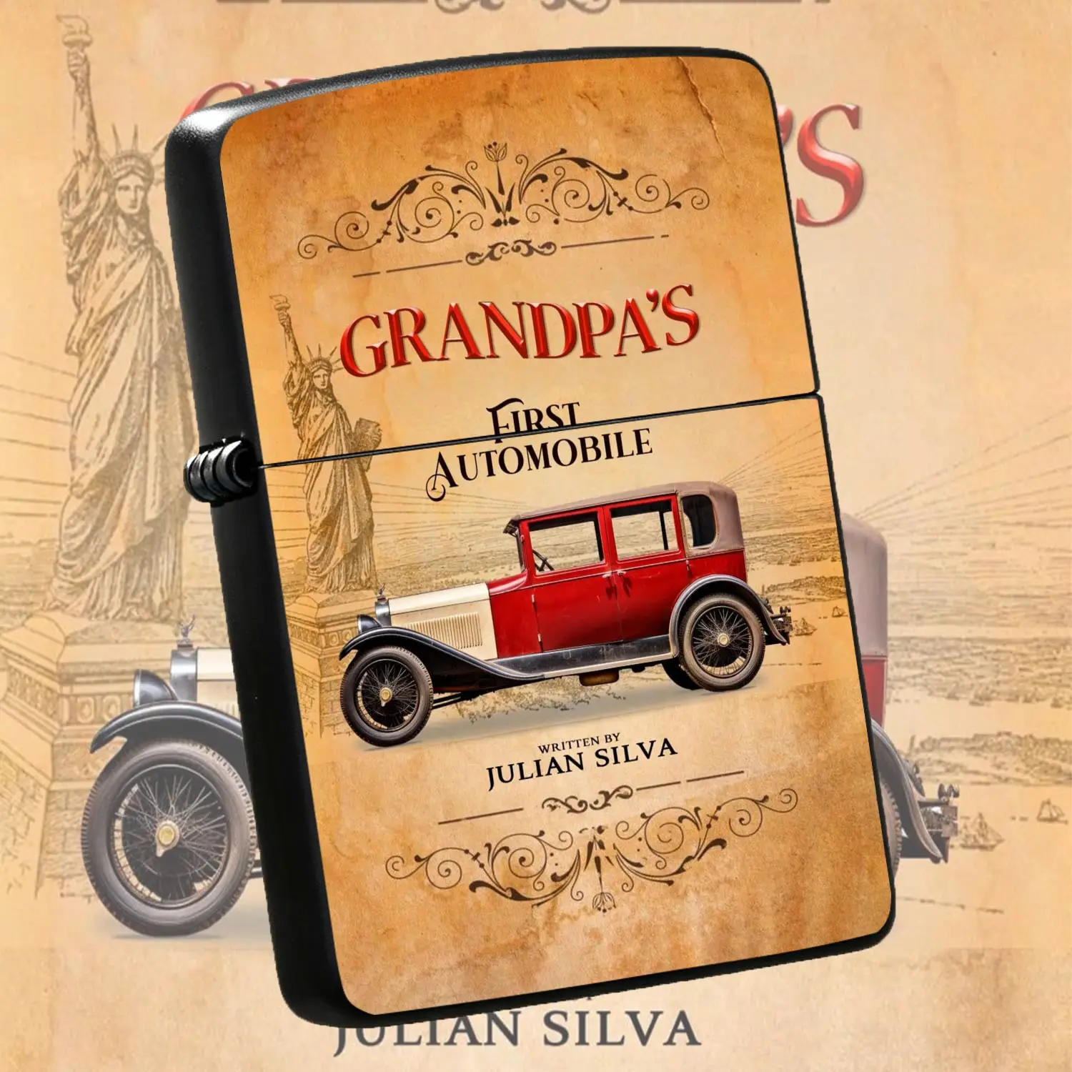 Vintage Grandpa's First Automobile Themed Portable Accessory, Retro American Statue of Liberty Pattern Print, Suitable for All Daily Scenarios, Ideal for Gifting and Personal Use as Decorative Practical Small Tool A Humorous And Interestin