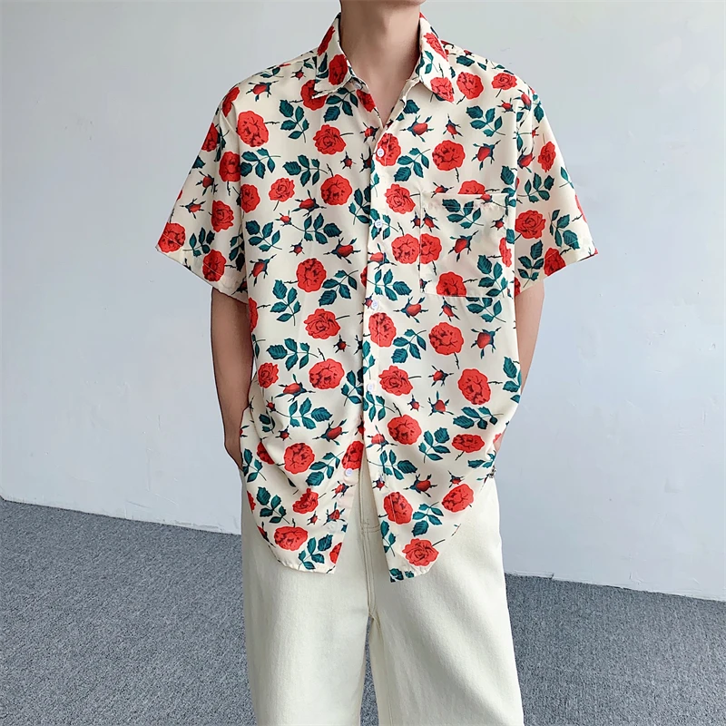 Summer Beach Shirt Male Floral Rose Printed Short-sleeved Casual Blouse Korean Trend Lovers Matching Button Up Shirt Tops