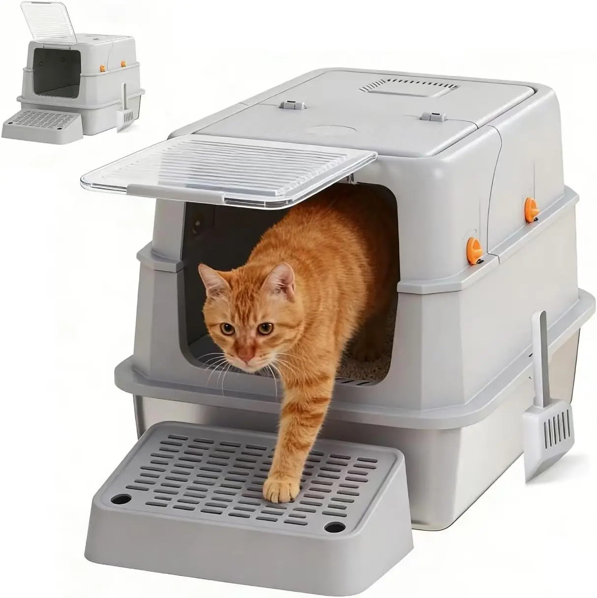 

Лоток для кошачьего туалета из нержавеющей стали - серый, с высокими бортиками, закрытый дизайн, защита от протекания, уменьшение запаха, не прилипает к поверхности, легко чистится.