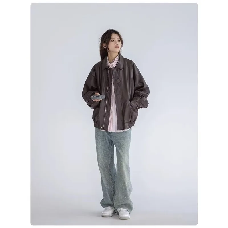 

Street Standing Collar Women's Leather Waterproof Handsometrend Long Sleeved Zipper Fashionable Women's Coat Autumn Women's Coat