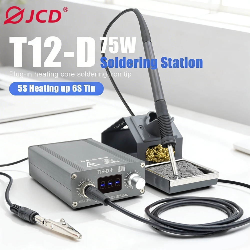 Estación de Soldadura JCD T12-D+ de 75W con Pantalla LED, Temperatura Ajustable, Kit de Soldadura Antiestático para Reparación de Electrónica, PCB, SMD