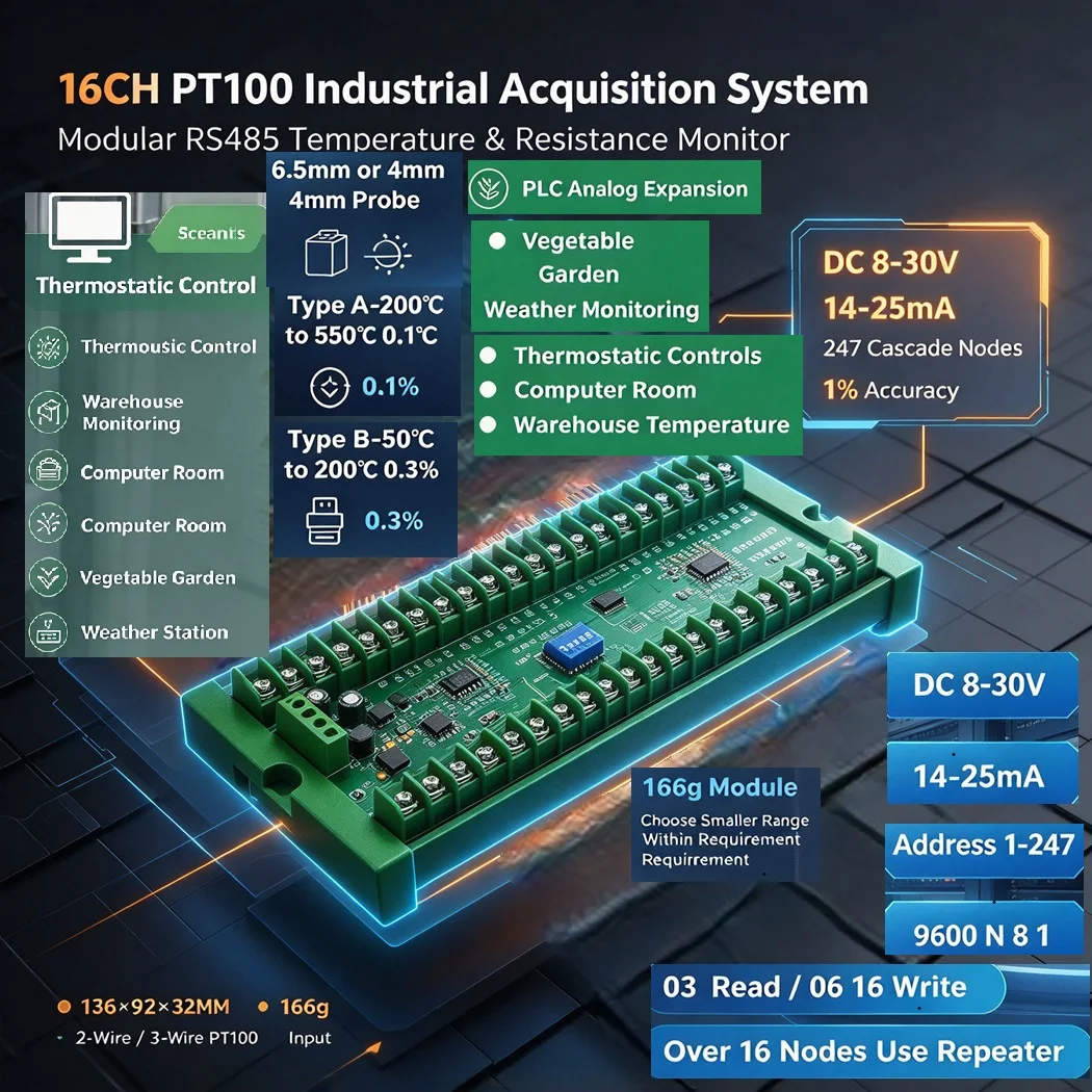 Modbus RTU RS485 PT100 Temperature Acquisition Module DC8-0V 2Wire 3Wire Sensor Support Cascade For PLC Industrial Measurement