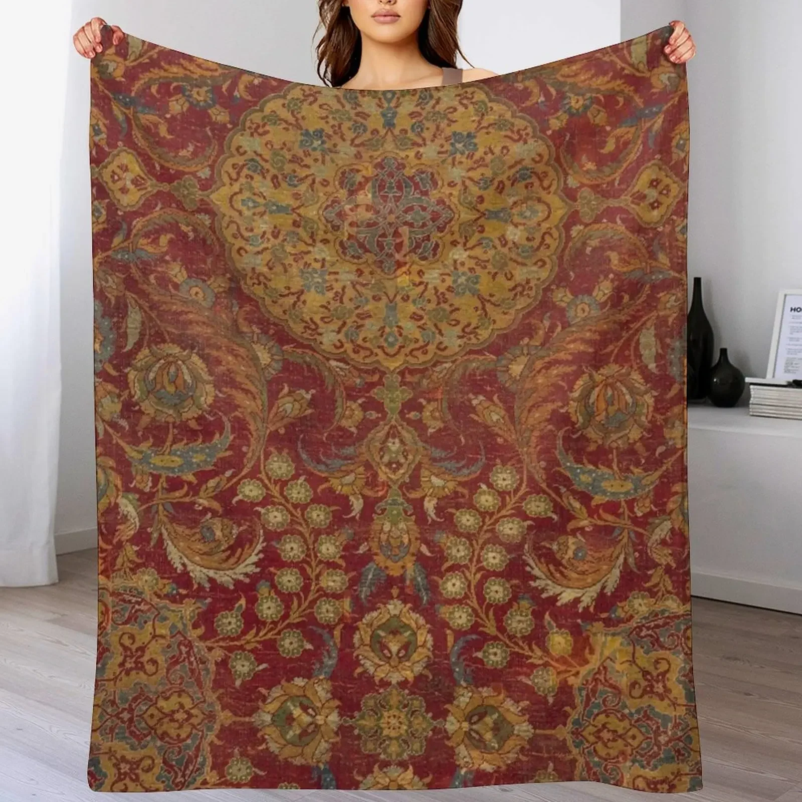 

Boho Funky III // 16th Century Distressed Red Green Blue Flowery Colorful Ornate Rug Pattern Throw Blanket