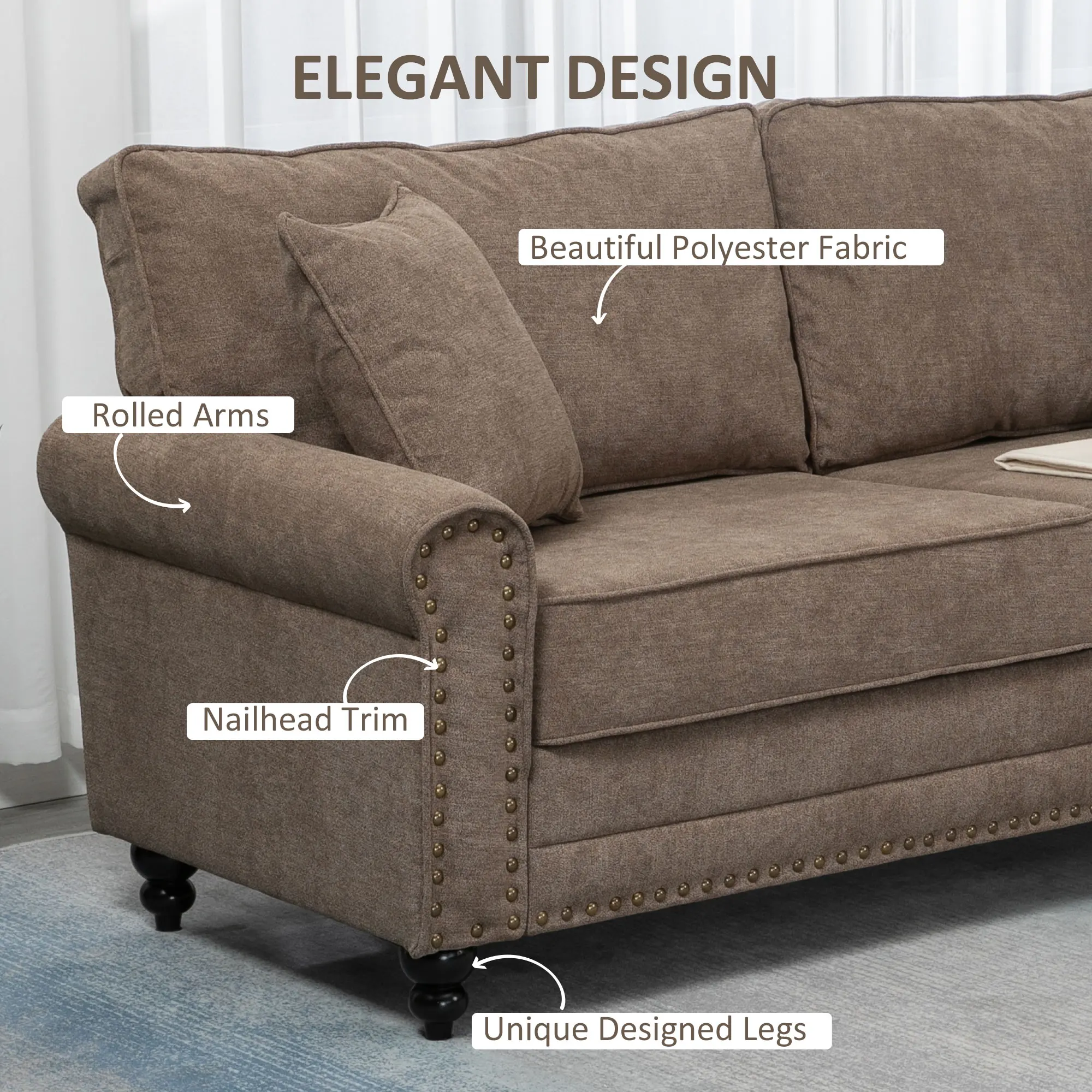 HOMCOM Fabric Sofa 3 Seater Sofa for Living Room w/ Throw Pillow