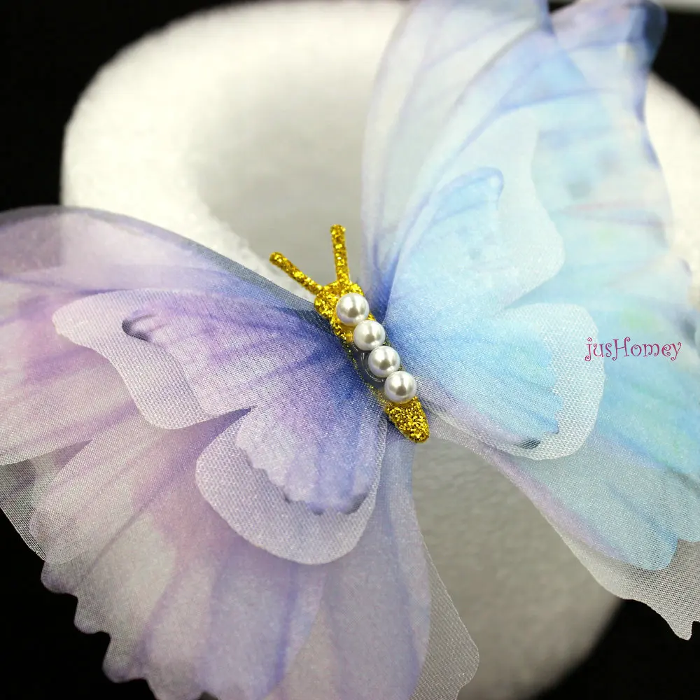 20pcs/lot 11cm Organza Fabric Chiffon Butterfly Five-Layers with Pearl Glitter Body for Hair Clips,Clothing Accesories