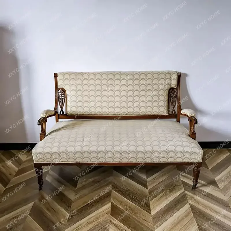 retro solid wood sofa chair carved fabric casual backrest armrest