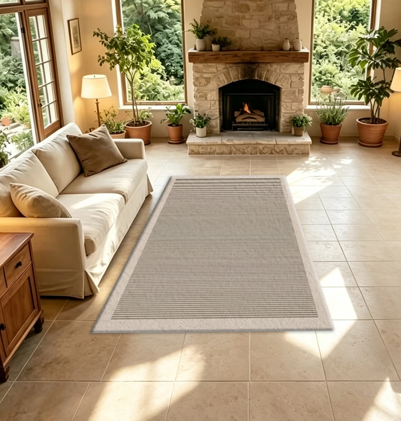 Neutral Beige Thin Vertical Striped Carpet Rug Simple Solid Textured Border Household Area Rug For Bedroom Study Room