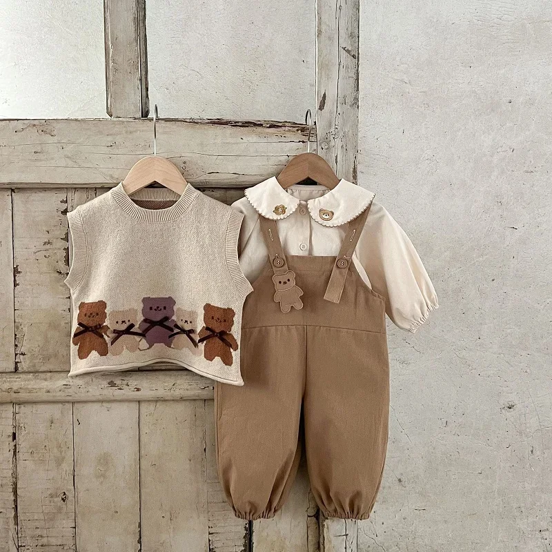 Newborn Kid Bear Pattern Cotton Shirt Knitted Waistcoat Dress Suspender Pant 4PCS Outfit Cute Children Boy Girl Clothes 0-3Years
