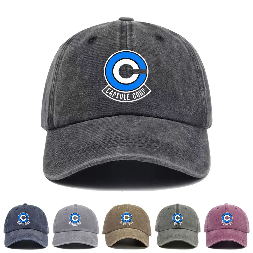 Vintage Washed Baseball Cap Capsule Corp Logo Print Graphic Unisex Streetwear Casual Trucker Style Cotton Hat