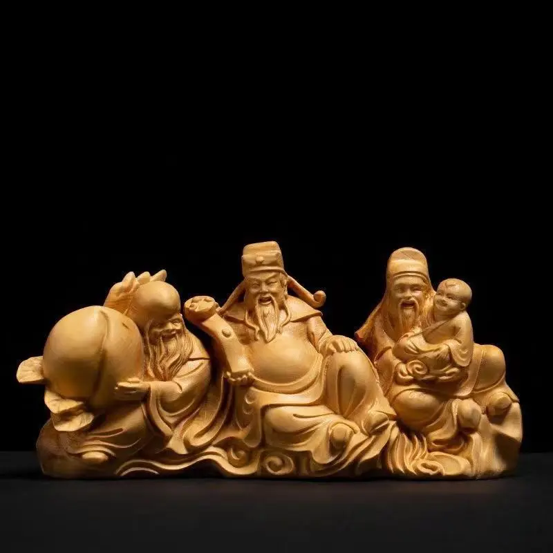 

Leaflet Boxwood Carving Fu Lu Shou Samsung Living Room Desktop Household Small Ornaments Lucking Home Decorative Crafts