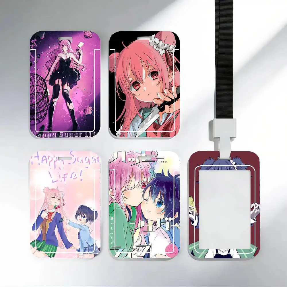 

Черные держатели для карт с ремешком на шею в стиле аниме Happy Sugar Life, для студенческих карт питания и удостоверений личности, для школы