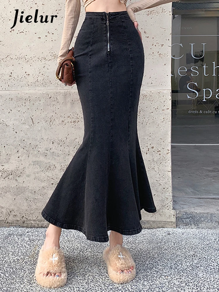 

Jielur Summer Slim Ruffles Trumpet Female Denim Skirts Korean Style New High Waist Tight Hip Split Slight Stretch Women's Skirt