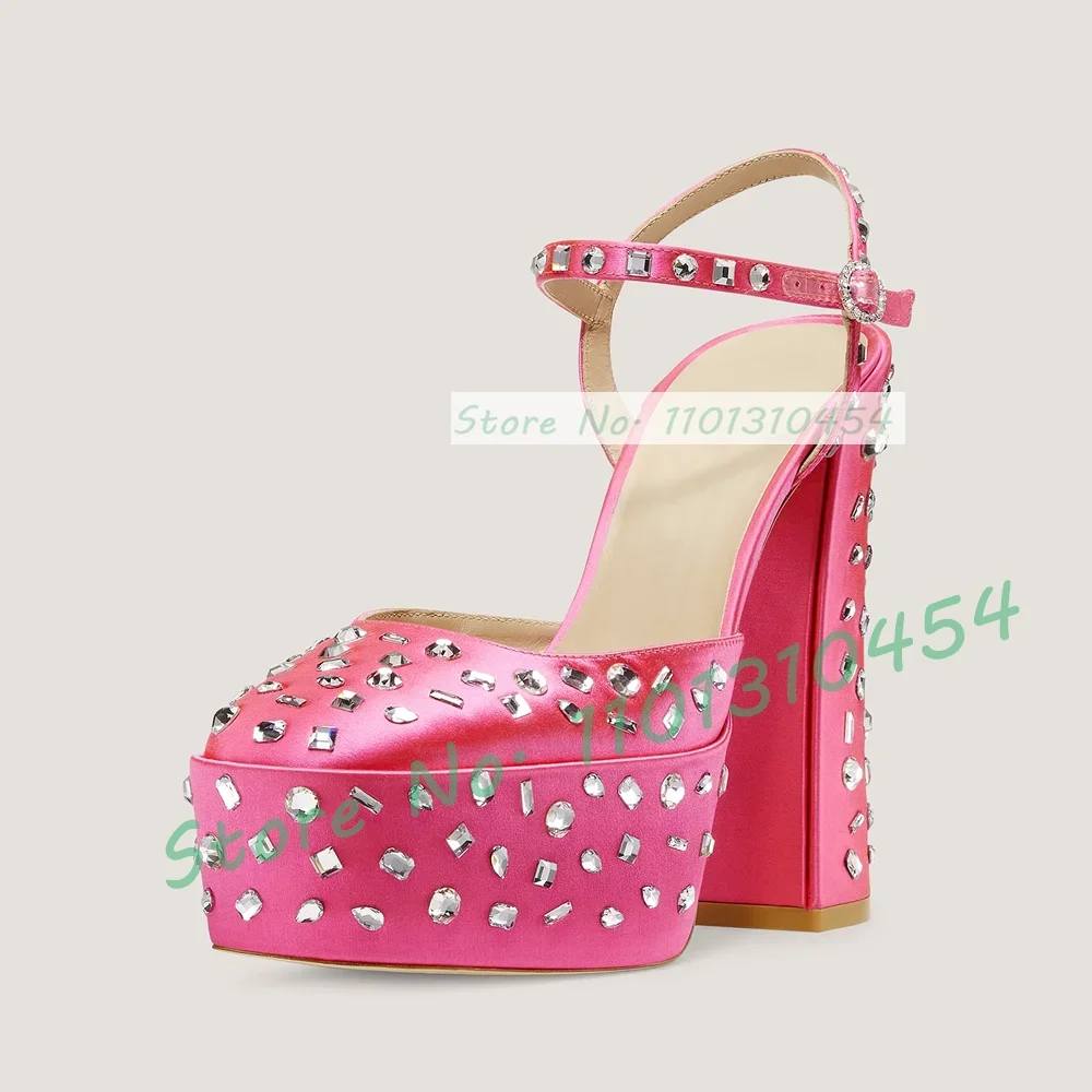 Shiny Gems Satin Platform Sandals Women Luxury Crystal Buckle Block Heel Ankle Strap Shoes Ladies Trending Round Toe New Pumps