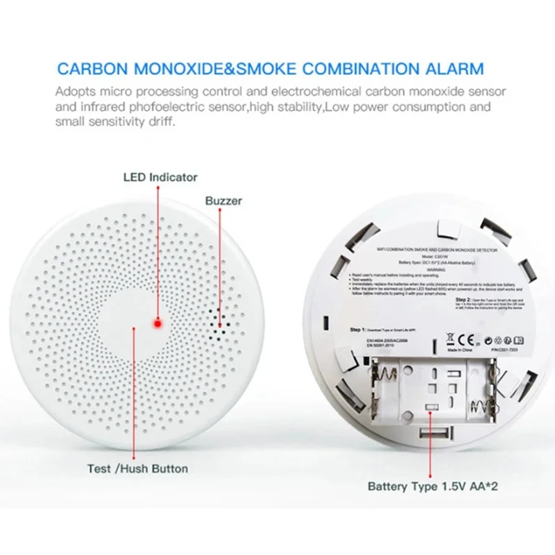 Tuya-WiFi Monóxido de Carbono Detector de Fumaça, Sensor de Fumaça 2-em-1, Controle Smart Life APP, Alarme de Incêndio, Proteção de Segurança, 1 Pc