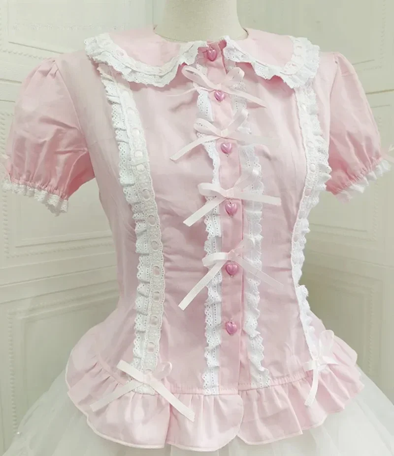Japanese Lolita Sweet Girls Short-sleeved Tops Women Goth Lace Bow Shirt Single-breasted Blouse Cute Doll Collar Slim Tees New