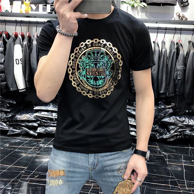 Men's Short Sleeved T-shirt Gold Stamping Printing Fashion Trend Silky Cotton Round Neck Slim Fit Male Tees Summer New Clothing