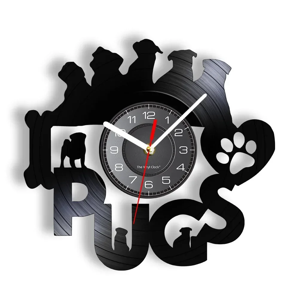 I Love Pugs Retro Vinyl Record Modern Wall Clock Silent Movement for Living Room Dog Lovers Home Decor Hanging Watch Timepieces