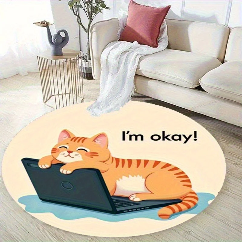 

[Продукт] Фланелевый коврик с кошачьим принтом - круглый ковер с надписью "I'M Fine!" Иллюстрация с изображением спящей кошки и текстом, полиэстер