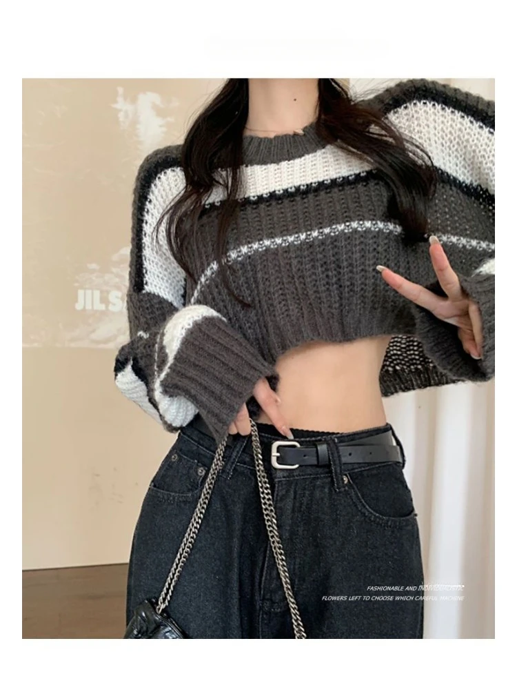 Deeptown Harajuku Striped Cropped Sweater Women Kpop Hippie Streetwear Oversize Pullover Knitted Tops Korean Style Basic Jumper