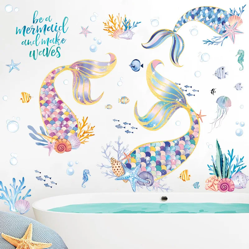 

Summer Mermaid Wall Stickers For Girls Bedroom Decal PVC Self-Adhesive Seaweed Mermaid Tail Sea Waves Sticker DIY Bathroom Decor
