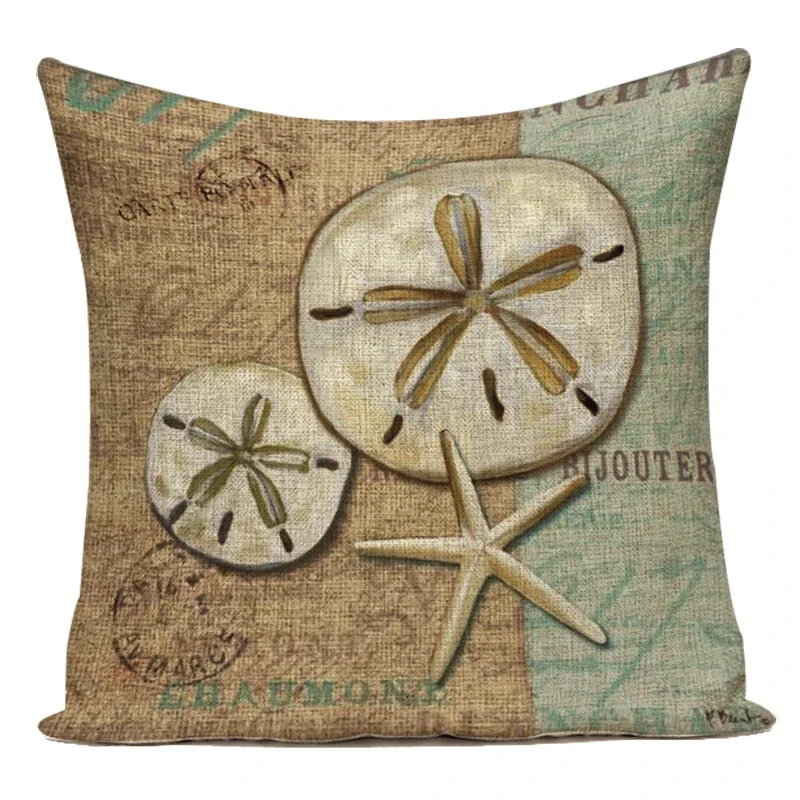 Polyester Vintage Style Shell Beach Seaside Starfish Fish Animals Pillow Cover Case Decorative Sofa Cushion Cover Home Decor