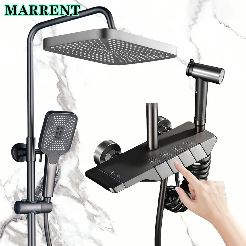 

Hot Cold Piano Bathroom Shower Set Quality Brass Gray Bathtub Mixer Tap Rainfall Shower Head Newly Grey Thermostatic Shower Set