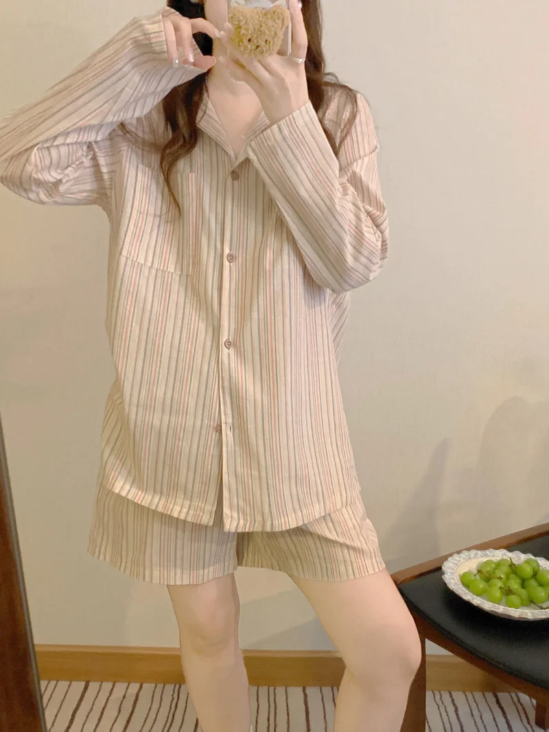 

Simple Sweet Lazy Korean Style Stripe Loose Elegant Pajama Set Women Girlish Vintage Casual Comfortable Loose Sleepwear Ins