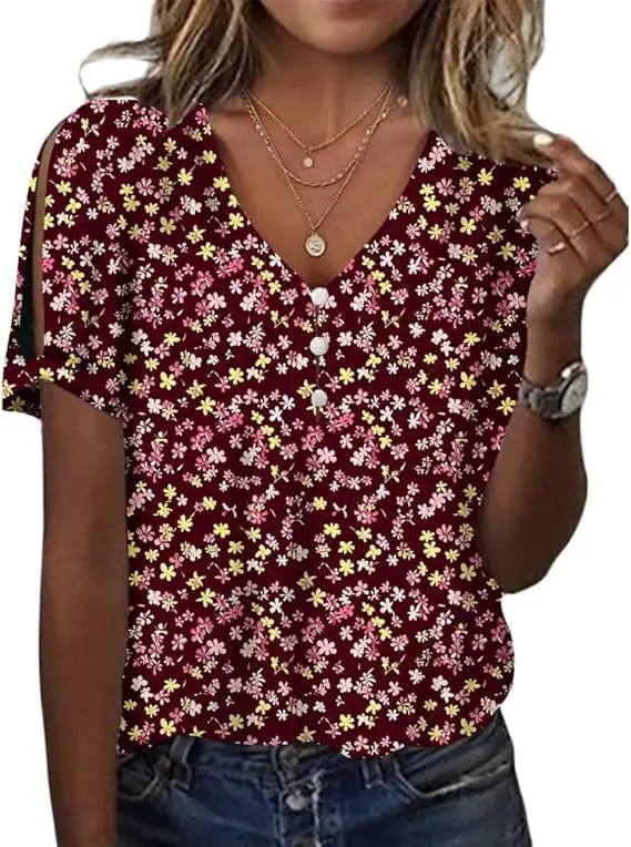 

Women's Boho Floral Shirts Short Sleeve Cold Shoulder Tops Summer V-Neck Blouses Ladies Tunic Tops