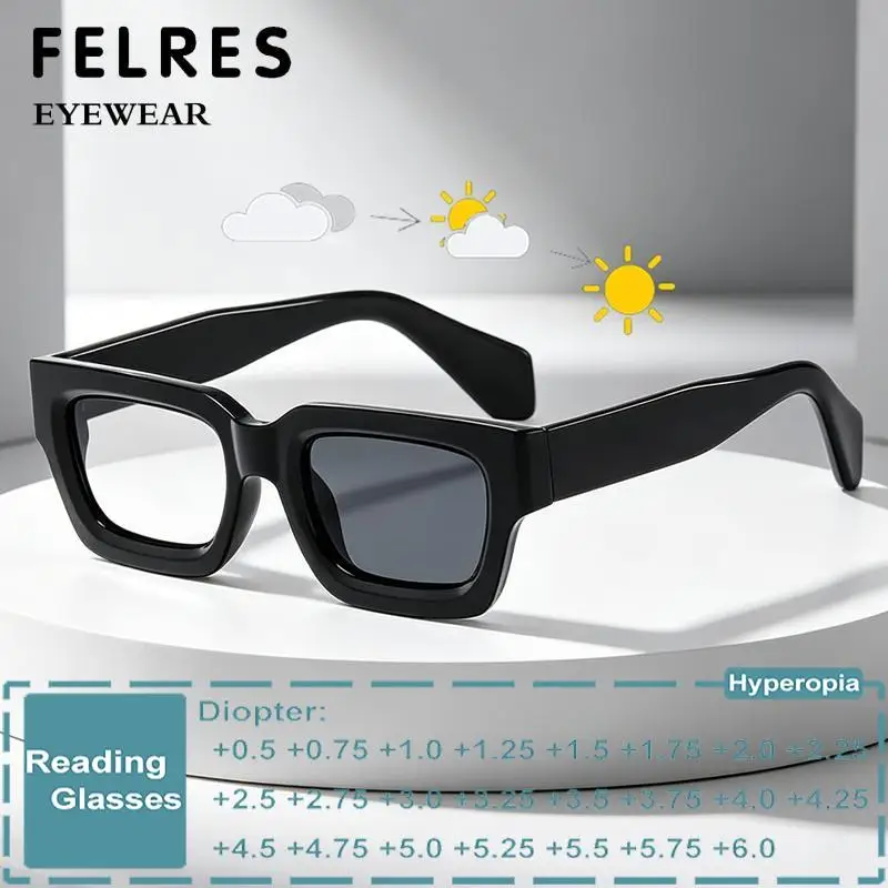 

Fashion Photochromic Square Reading Glasses Men Women Thick Frame Prescription Optical Eyewear Color Changing Gray Sunglasses