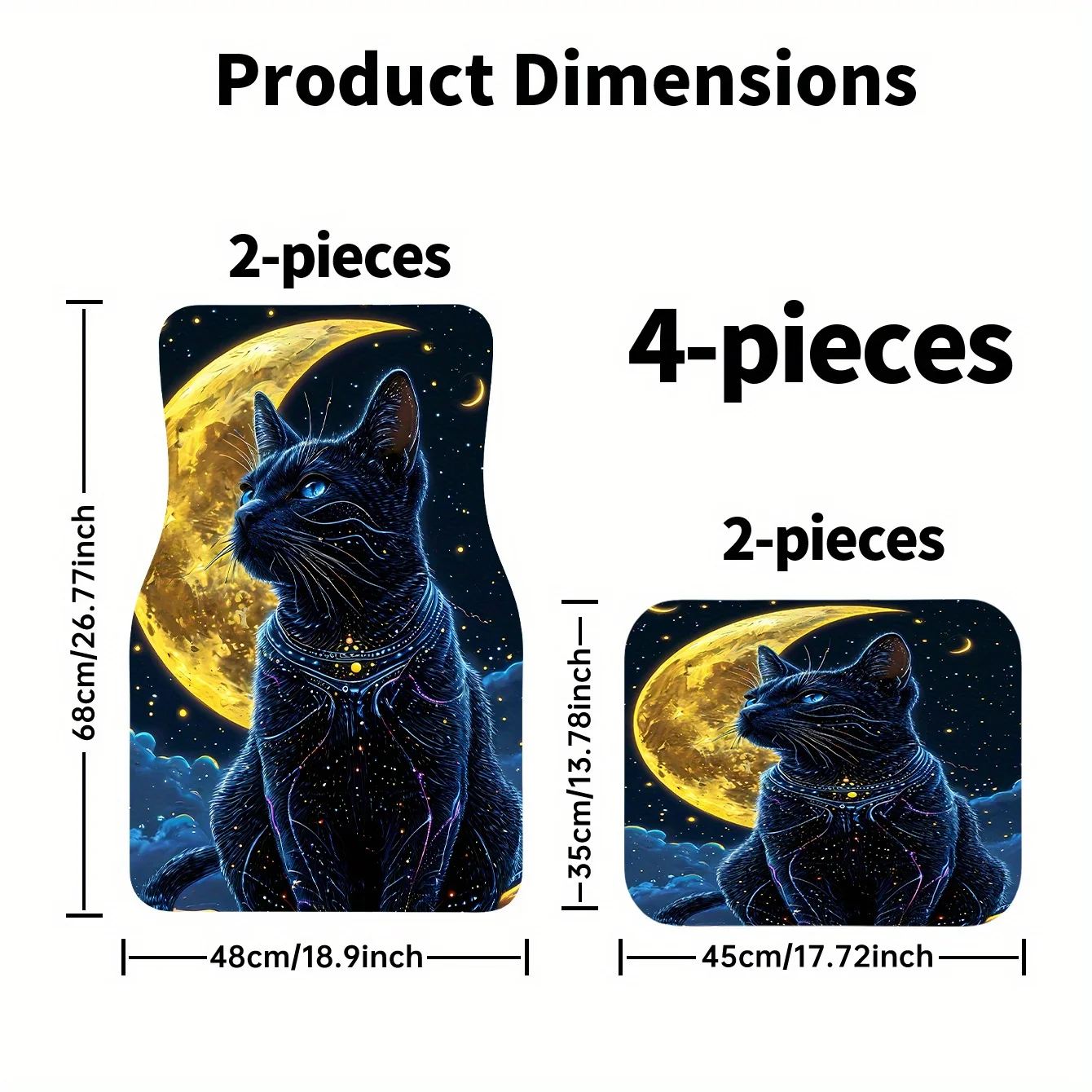 4pcs Black Cat Wearing Accessories And Gazing At The Bright Moon Printed Trendy Car Floor Mat Set, Car Interior Accessory Floor