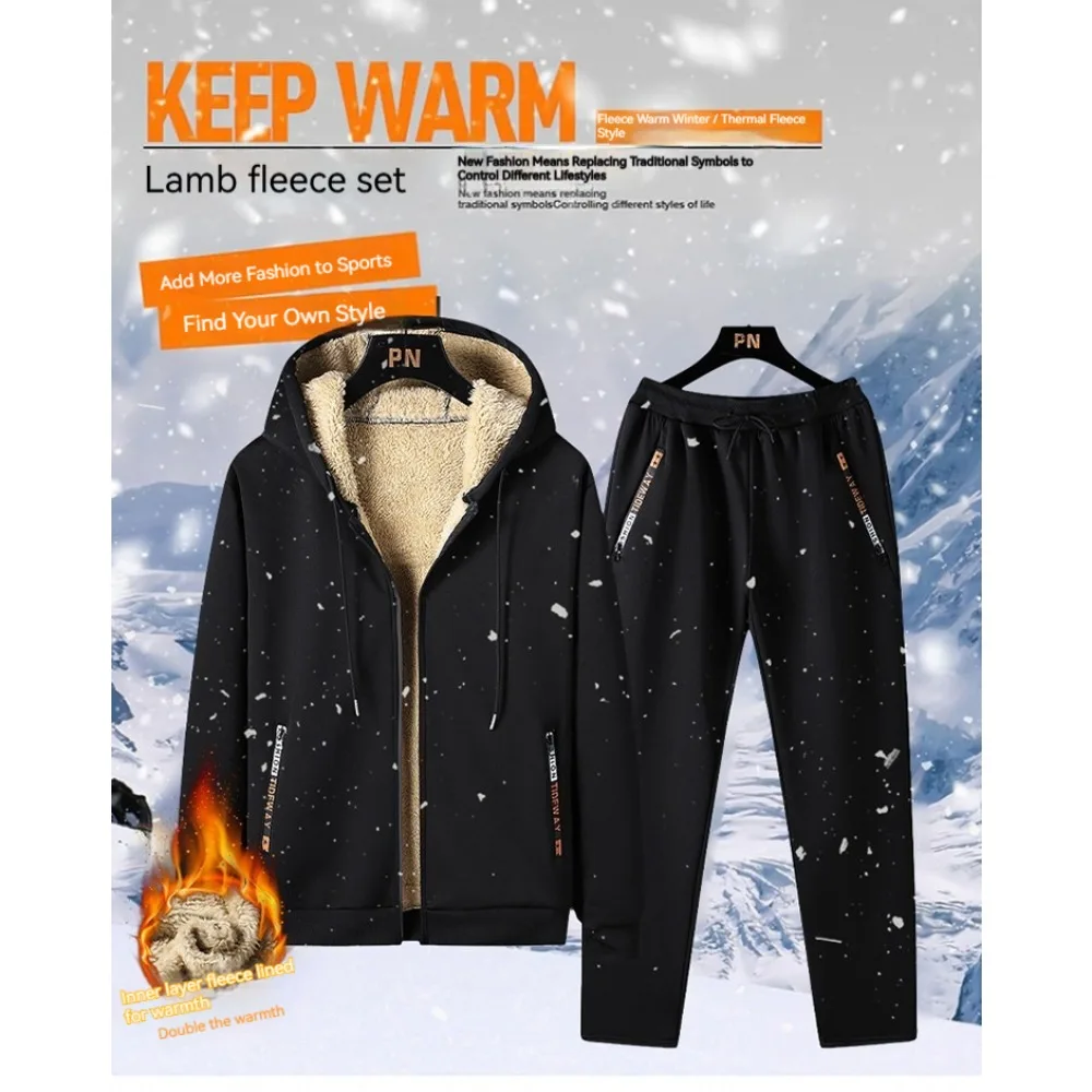 

2025 New Winter Thickened Fleece Tracksuit Set Men's Fashion Hooded Jacket+Pants Casual Sports Warm Jogging Suit Plus Size