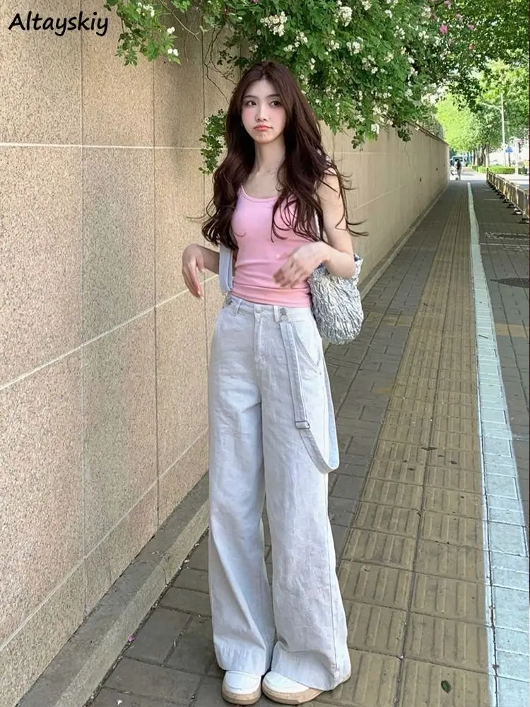 

Strap Jeans Women Vintage Sweet Ulzzang Preppy Style Leisure Pure Chic Designed Overalls Personality Harajuku Long Daily