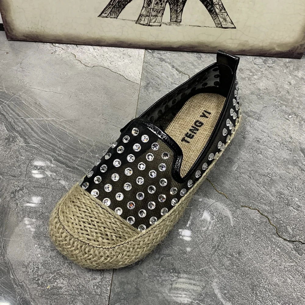 Fashion Women Flat Shoes Rhinestone Gauze Designer Women Loafers Plus Size Casual Female Sandals Summer Mullers