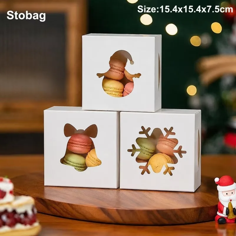 StoBag 10pcs Merry Christmas Kraft Paper Cake Box with Window Gift Kids Packaging for Cookies Chocolate Storage Party Favors