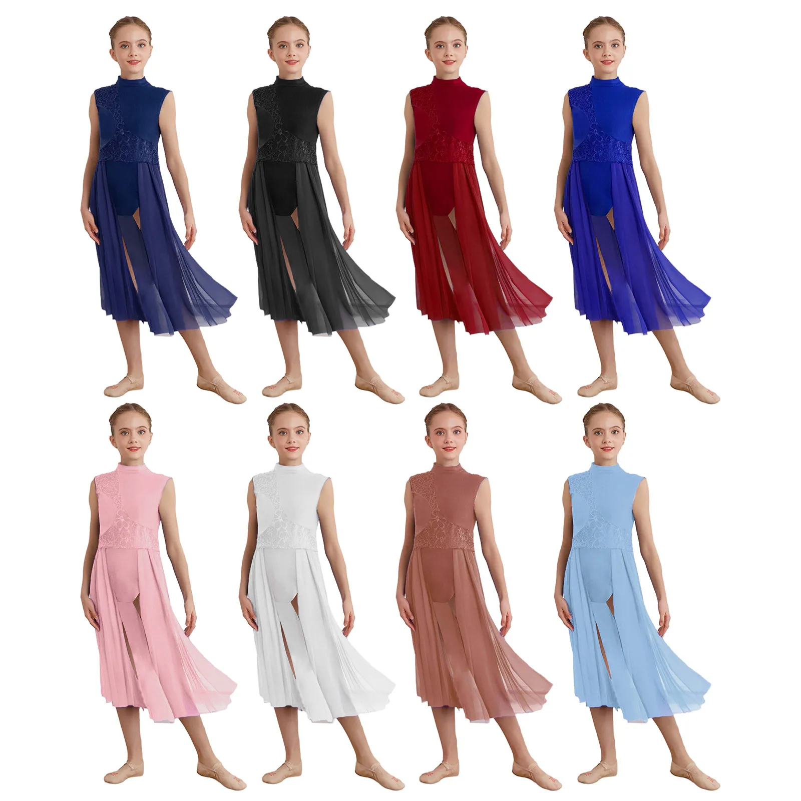 Meisjes Bloemen Kant Patchwork Hedendaagse Lyrische Dans Jurk Mouwloos Ballet Gymnastiek Kunstschaatsen Turnpakje Jurk Danskleding