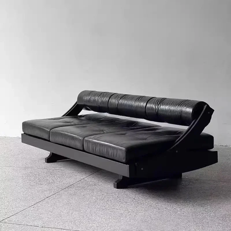 Solid wood sofa retro leather sofa modern simple three-person roller sofa