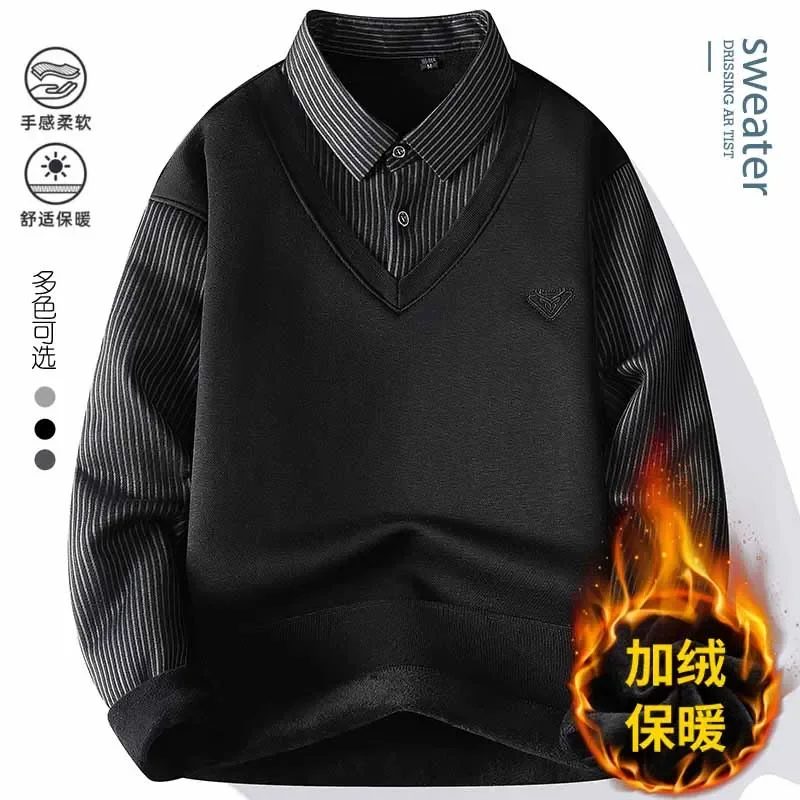 Thermal Insulated Knit Sweater For Men Collared Fake Vest Elastic Cuff Full Fleece Lined Striped Autumn Workplace Clothing