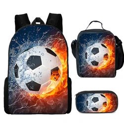 3D futebol impresso escola sacos conjunto para crianças, lápis caso, lancheira, mochila personalizada, adicione o seu logotipo ou texto, 3pcs