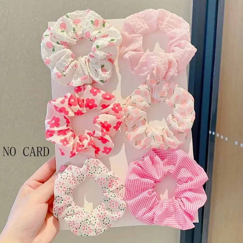 6pcs/set women's sweet pink peach blossom check large intestine hair ring,fashionable and versatile hair accessory image 5