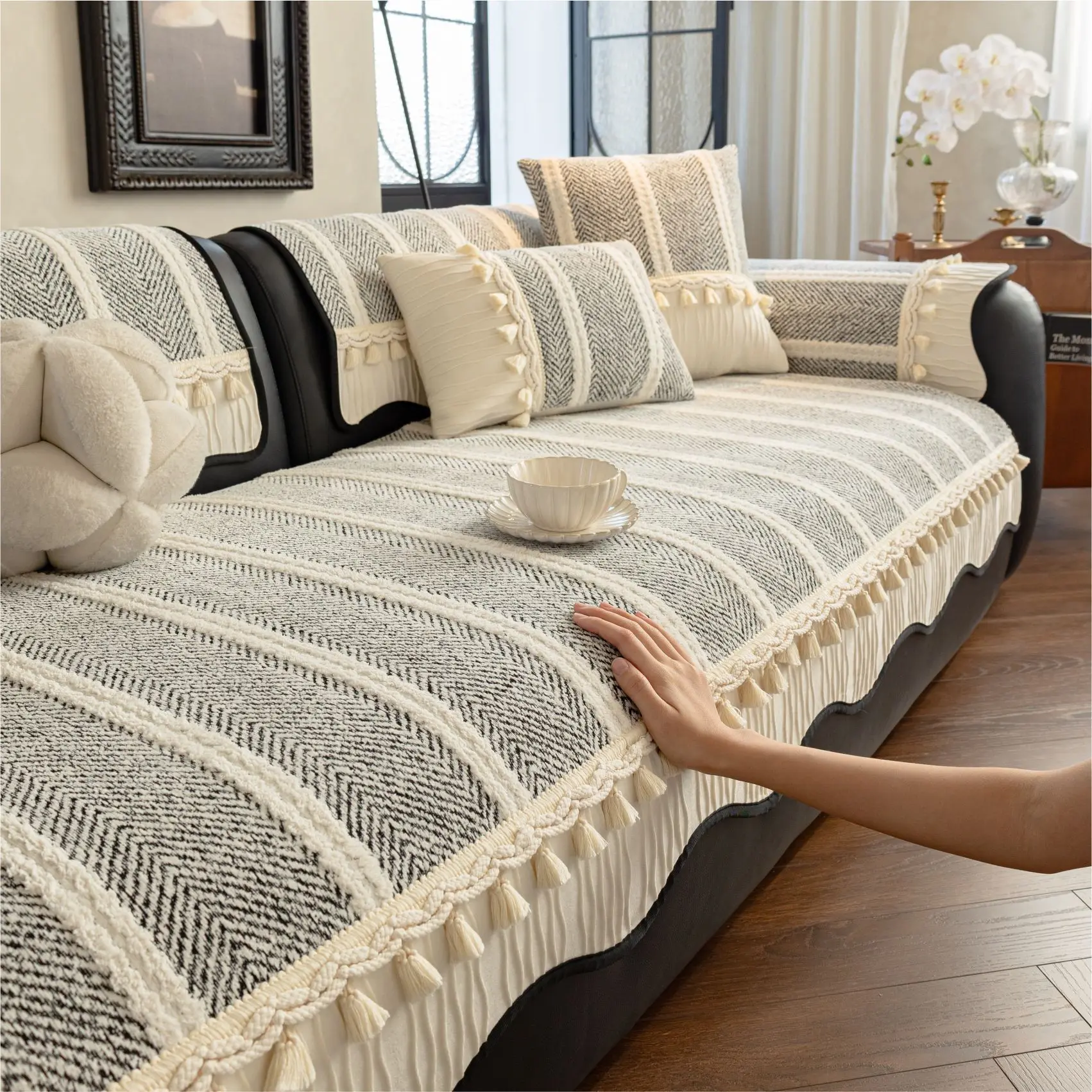 Striped Plush Half Fleece Sofa Cushion Cover Four Season Universal Throw Cover Fit Irregular Shaped Non Standard Sofa