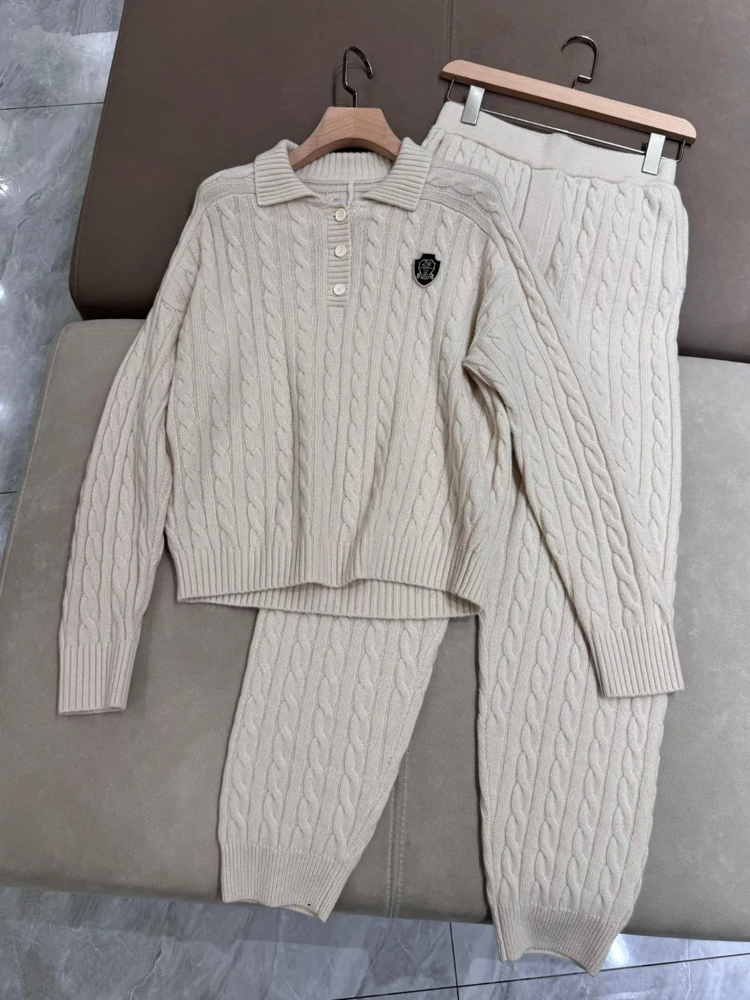 Autumn casual solid color twisted knitted 100% cashmere set of clothes