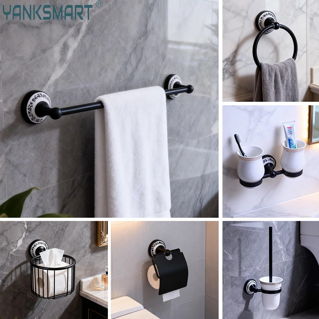 

YANKSMART Wall Mounted Black Washroom Bathroom Accessories Towel Ring Rack Paper Holder Toilet Brush Holder Frosted Glass Cup